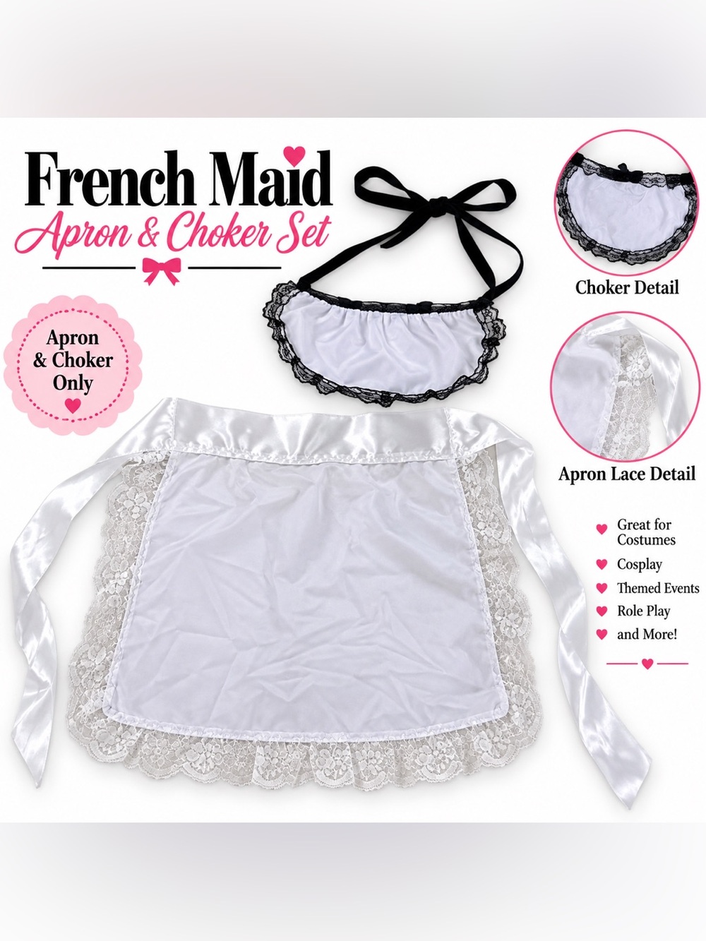 French Maid Satin Apron & Choker Set White Black Lace Costume Accessories